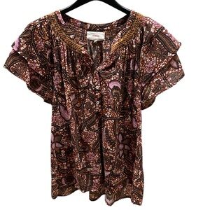 XiRENA Brown and Pink Flutter Sleeve Blouse